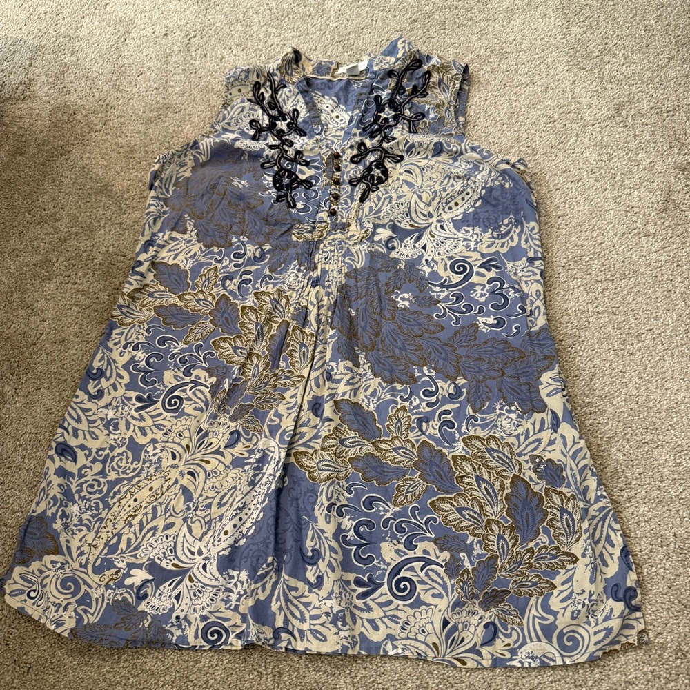 Charter Club Sleeveless Tunic Blouse Paisley Floral Split Neck Embroidered 14